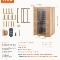VEVOR Far Infrared Wooden Sauna, Room Home Sauna Spa for 3 to 4 Person, Low EMF Far Infrared Hemlock Wood Sauna with Tempered Glass Door & Bluetooth Speakers & Chromotherapy Lights, 2580W Indoor