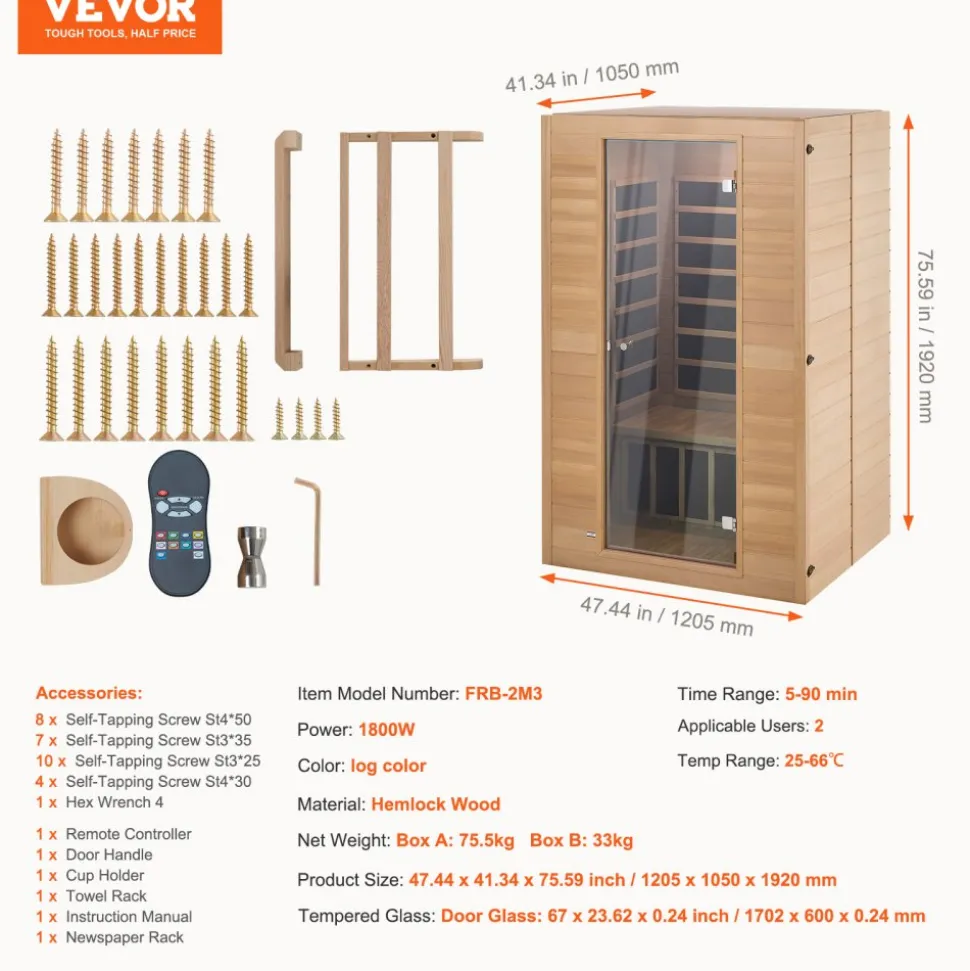 VEVOR Far Infrared Wooden Sauna, Room Home Sauna Spa for 3 to 4 Person, Low EMF Far Infrared Hemlock Wood Sauna with Tempered Glass Door & Bluetooth Speakers & Chromotherapy Lights, 2580W Indoor