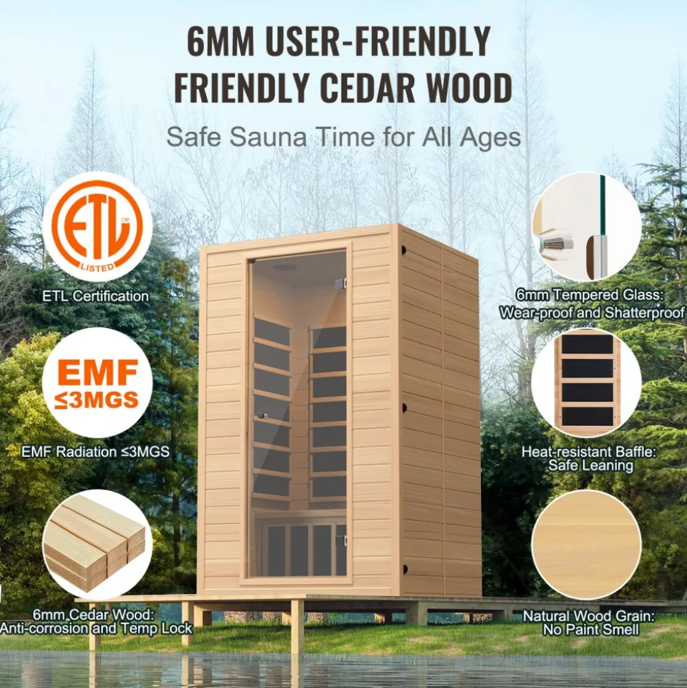 VEVOR Far Infrared Wooden Sauna, Room Home Sauna Spa for 3 to 4 Person, Low EMF Far Infrared Hemlock Wood Sauna with Tempered Glass Door & Bluetooth Speakers & Chromotherapy Lights, 2580W Indoor