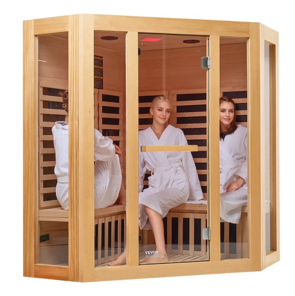 VEVOR Far Infrared Wooden Sauna, Room Home Sauna Spa for 3 to 4 Person, Low EMF Far Infrared Hemlock Wood Sauna with Tempered Glass Door & Bluetooth Speakers & Chromotherapy Lights, 2470W Indoor