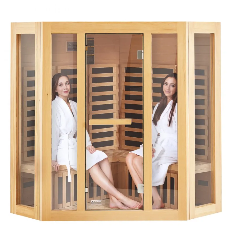 VEVOR Far Infrared Wooden Sauna, Room Home Sauna Spa for 3 to 4 Person, Low EMF Far Infrared Hemlock Wood Sauna with Tempered Glass Door & Bluetooth Speakers & Chromotherapy Lights, 2470W Indoor