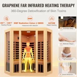 VEVOR Far Infrared Wooden Sauna, Room Home Sauna Spa for 3 to 4 Person, Low EMF Far Infrared Hemlock Wood Sauna with Tempered Glass Door & Bluetooth Speakers & Chromotherapy Lights, 2470W Indoor