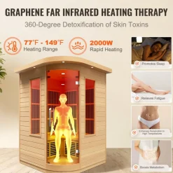 VEVOR Far Infrared Wooden Sauna, Room Home Sauna Spa for 1 to 2 Person, Low EMF Far Infrared Hemlock Wood Sauna with Tempered Glass Door & Multicolor Lamp & Bluetooth Speakers & Chromotherapy Lights,