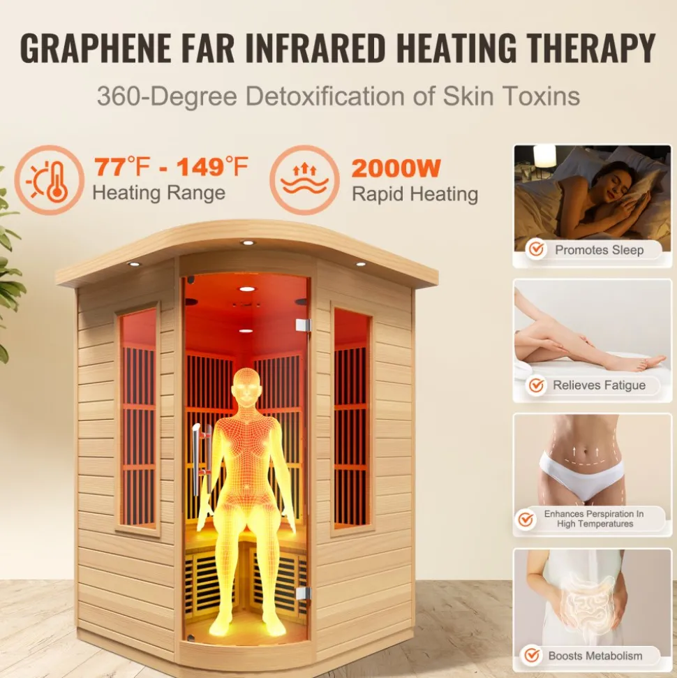 VEVOR Far Infrared Wooden Sauna, Room Home Sauna Spa for 1 to 2 Person, Low EMF Far Infrared Hemlock Wood Sauna with Tempered Glass Door & Multicolor Lamp & Bluetooth Speakers & Chromotherapy Lights,
