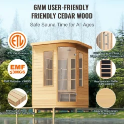 VEVOR Far Infrared Wooden Sauna, Room Home Sauna Spa for 1 to 2 Person, Low EMF Far Infrared Hemlock Wood Sauna with Tempered Glass Door & Multicolor Lamp & Bluetooth Speakers & Chromotherapy Lights,