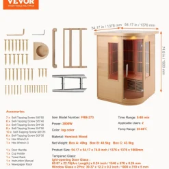 VEVOR Far Infrared Wooden Sauna, Room Home Sauna Spa for 1 to 2 Person, Low EMF Far Infrared Hemlock Wood Sauna with Tempered Glass Door & Multicolor Lamp & Bluetooth Speakers & Chromotherapy Lights,