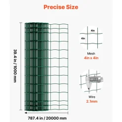 VEVOR Farm Fence, 39 x 787 in, 4 x 4 in Mesh 2.1mm Galvanized Steel Wire Fencing for Cattle, Hog & Sheep, Heavy Duty Vinyl Coated Livestock Fence for Animal Enclosures, Cage Wire, Garden Fences, Green