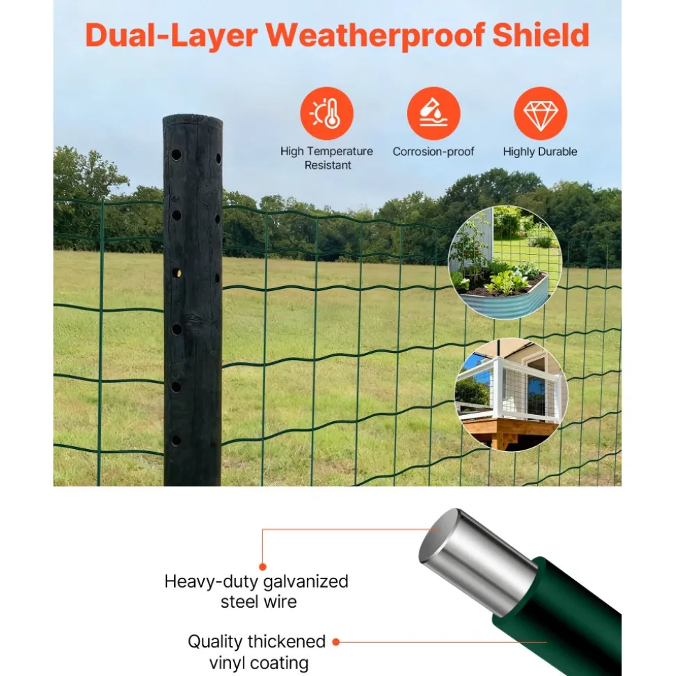 VEVOR Farm Fence, 39 x 787 in, 4 x 4 in Mesh 2.1mm Galvanized Steel Wire Fencing for Cattle, Hog & Sheep, Heavy Duty Vinyl Coated Livestock Fence for Animal Enclosures, Cage Wire, Garden Fences, Green