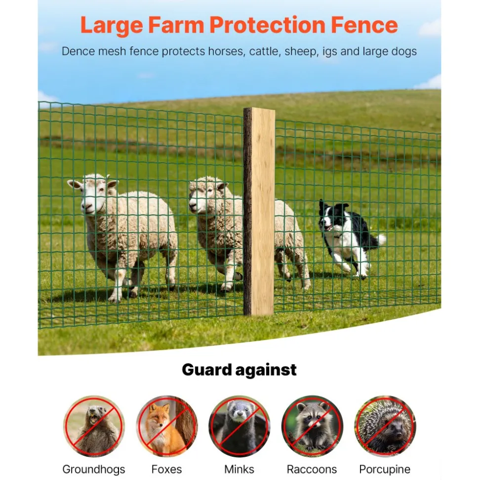 VEVOR Farm Fence, 47 x 984 in, 2 x 4 in Mesh 2.1mm Galvanized Steel Wire Fencing for Cattle, Hog & Sheep, Heavy Duty Vinyl Coated Livestock Fence for Animal Enclosures, Cage Wire, Garden Fences, Green
