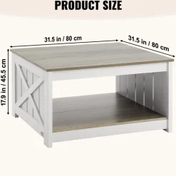 VEVOR 31.5" Farmhouse Coffee Table, Square Coffee Table with Open Storage Compartment, Wooden Rustic Cocktail Table for Living Room, Bedroom, Apartment, Studio, Gray & White