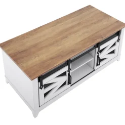VEVOR 48" Farmhouse Coffee Table, Rectangle Coffee Table with 2 Sliding Barn Doors, 2 Tiers Wooden Rustic Table with Removable Shelves for Living Room, Bedroom, Apartment, or Studio, White & Natural