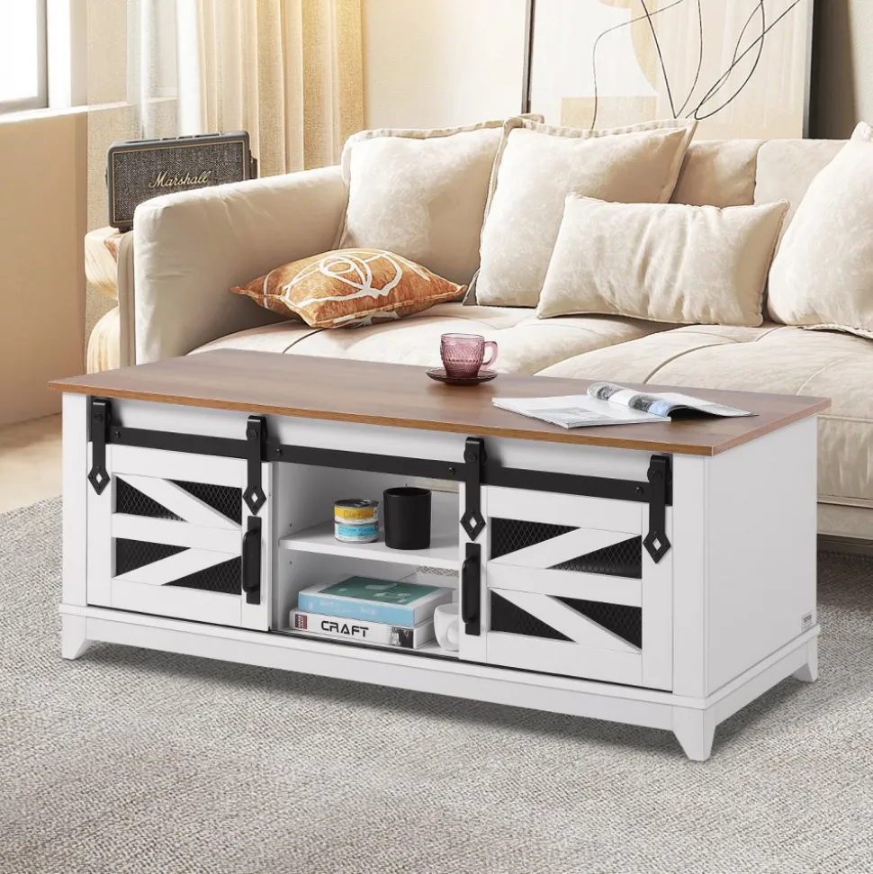 VEVOR 48" Farmhouse Coffee Table, Rectangle Coffee Table with 2 Sliding Barn Doors, 2 Tiers Wooden Rustic Table with Removable Shelves for Living Room, Bedroom, Apartment, or Studio, White & Natural
