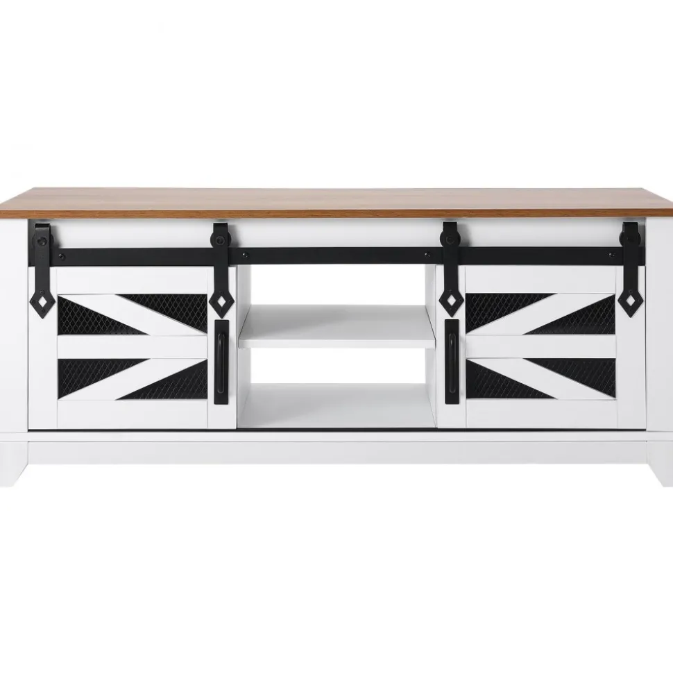 VEVOR 48" Farmhouse Coffee Table, Rectangle Coffee Table with 2 Sliding Barn Doors, 2 Tiers Wooden Rustic Table with Removable Shelves for Living Room, Bedroom, Apartment, or Studio, White & Natural