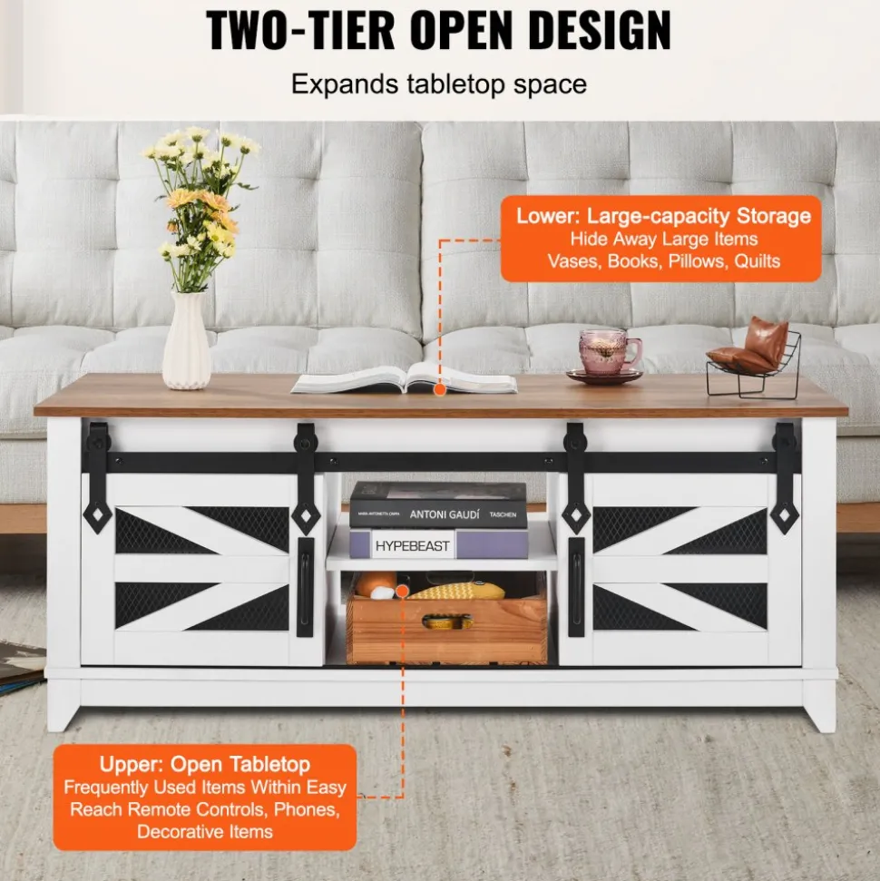 VEVOR 48" Farmhouse Coffee Table, Rectangle Coffee Table with 2 Sliding Barn Doors, 2 Tiers Wooden Rustic Table with Removable Shelves for Living Room, Bedroom, Apartment, or Studio, White & Natural