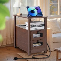 VEVOR Farmhouse End Table, Nightstand with Charging Station, 4 Tiers End Table with Storage Cabinet and 2 Drawers, Side Table with USB Ports and Outlets, Ideal for Living Room, Bedroom, Brown