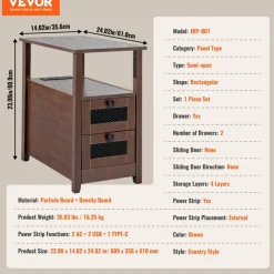 VEVOR Farmhouse End Table, Nightstand with Charging Station, 4 Tiers End Table with Storage Cabinet and 2 Drawers, Side Table with USB Ports and Outlets, Ideal for Living Room, Bedroom, Brown