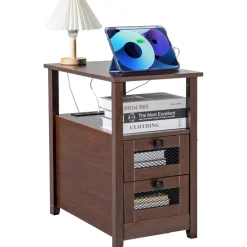 VEVOR Farmhouse End Table, Nightstand with Charging Station, 4 Tiers End Table with Storage Cabinet and 2 Drawers, Side Table with USB Ports and Outlets, Ideal for Living Room, Bedroom, Brown