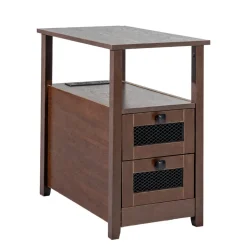 VEVOR Farmhouse End Table, Nightstand with Charging Station, 4 Tiers End Table with Storage Cabinet and 2 Drawers, Side Table with USB Ports and Outlets, Ideal for Living Room, Bedroom, Brown