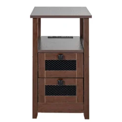 VEVOR Farmhouse End Table, Nightstand with Charging Station, 4 Tiers End Table with Storage Cabinet and 2 Drawers, Side Table with USB Ports and Outlets, Ideal for Living Room, Bedroom, Brown