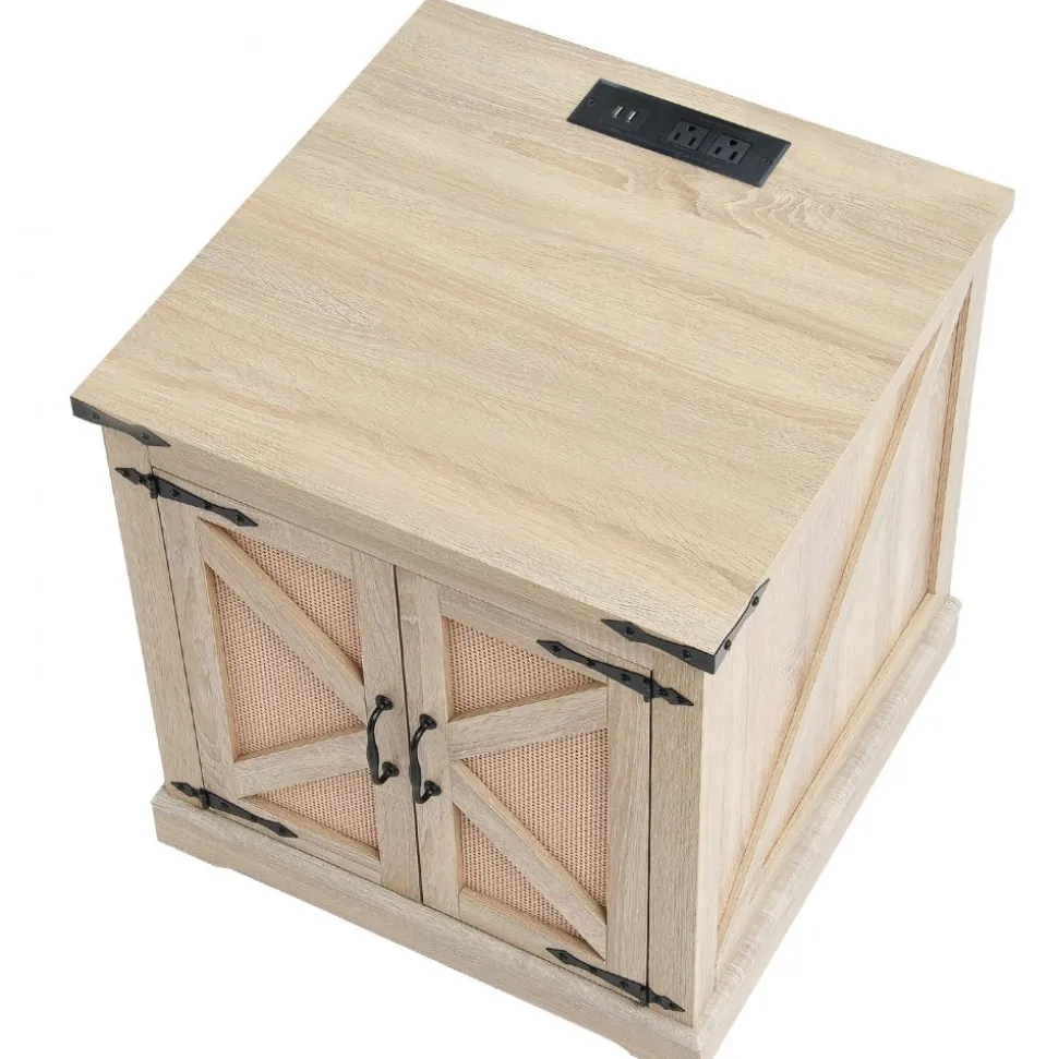 VEVOR Farmhouse End Table, Rectangle PE Rattan Woven Wood Coffee Table, 24-Inch Modern Boho Style Storage Coffee Table with Retro Metal Hinges, for Living Room, Bedroom & Small Spaces