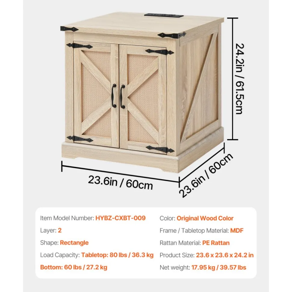 VEVOR Farmhouse End Table, Rectangle PE Rattan Woven Wood Coffee Table, 24-Inch Modern Boho Style Storage Coffee Table with Retro Metal Hinges, for Living Room, Bedroom & Small Spaces