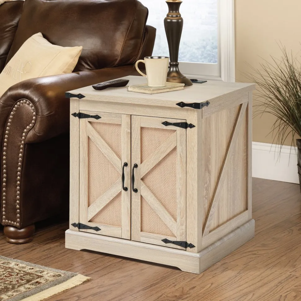 VEVOR Farmhouse End Table, Rectangle PE Rattan Woven Wood Coffee Table, 24-Inch Modern Boho Style Storage Coffee Table with Retro Metal Hinges, for Living Room, Bedroom & Small Spaces