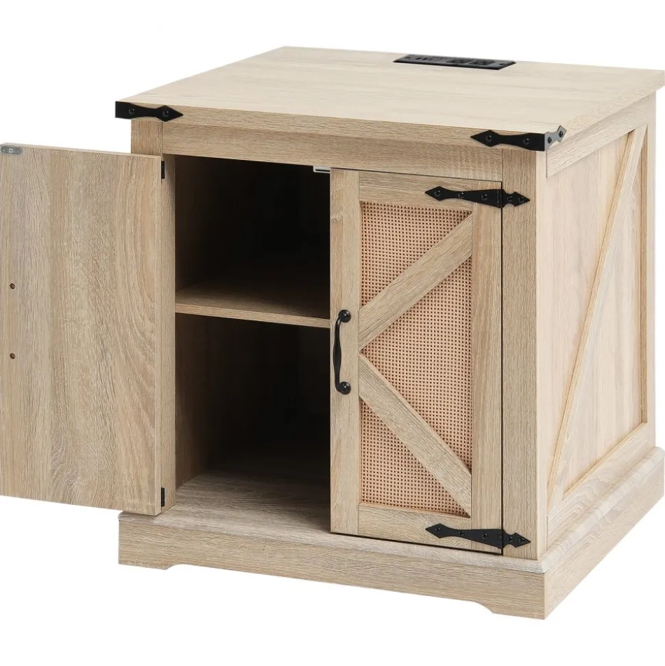 VEVOR Farmhouse End Table, Rectangle PE Rattan Woven Wood Coffee Table, 24-Inch Modern Boho Style Storage Coffee Table with Retro Metal Hinges, for Living Room, Bedroom & Small Spaces
