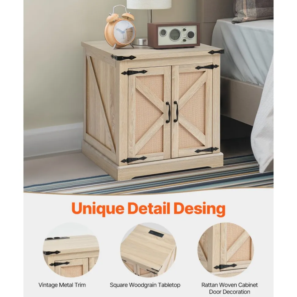 VEVOR Farmhouse End Table, Rectangle PE Rattan Woven Wood Coffee Table, 24-Inch Modern Boho Style Storage Coffee Table with Retro Metal Hinges, for Living Room, Bedroom & Small Spaces
