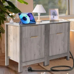 VEVOR Farmhouse End Table Set of 2, Nightstand with Charging Station, 3 Tiers Side Table with Storage Cabinet and 2 Drawers, Side Table with USB Ports and Outlets, Ideal for Living Room, Bedroom, Gray
