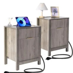 VEVOR Farmhouse End Table Set of 2, Nightstand with Charging Station, 3 Tiers Side Table with Storage Cabinet and 2 Drawers, Side Table with USB Ports and Outlets, Ideal for Living Room, Bedroom, Gray