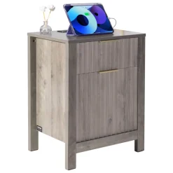VEVOR Farmhouse End Table Set of 2, Nightstand with Charging Station, 3 Tiers Side Table with Storage Cabinet and 2 Drawers, Side Table with USB Ports and Outlets, Ideal for Living Room, Bedroom, Gray