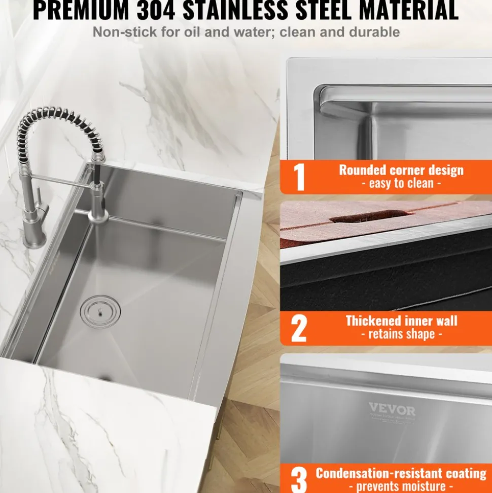 VEVOR Farmhouse Kitchen Sink, 304 Stainless Steel Drop-In Sinks, Top Mount Single Bowl Basin with Ledge & Accessories, Household Dishwasher Sinks for Workstation, Prep Kitchen, and Bar Sink, 30 inch