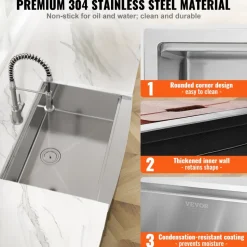 VEVOR Farmhouse Kitchen Sink, 304 Stainless Steel Drop-In Sinks, Top Mount Single Bowl Basin with Ledge & Accessories, Household Dishwasher Sinks for Workstation, Prep Kitchen, and Bar Sink, 36 inch