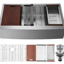 VEVOR Farmhouse Kitchen Sink, 304 Stainless Steel Drop-In Sinks, Top Mount Single Bowl Basin with Ledge & Accessories, Household Dishwasher Sinks for Workstation, Prep Kitchen, and Bar Sink, 36 inch