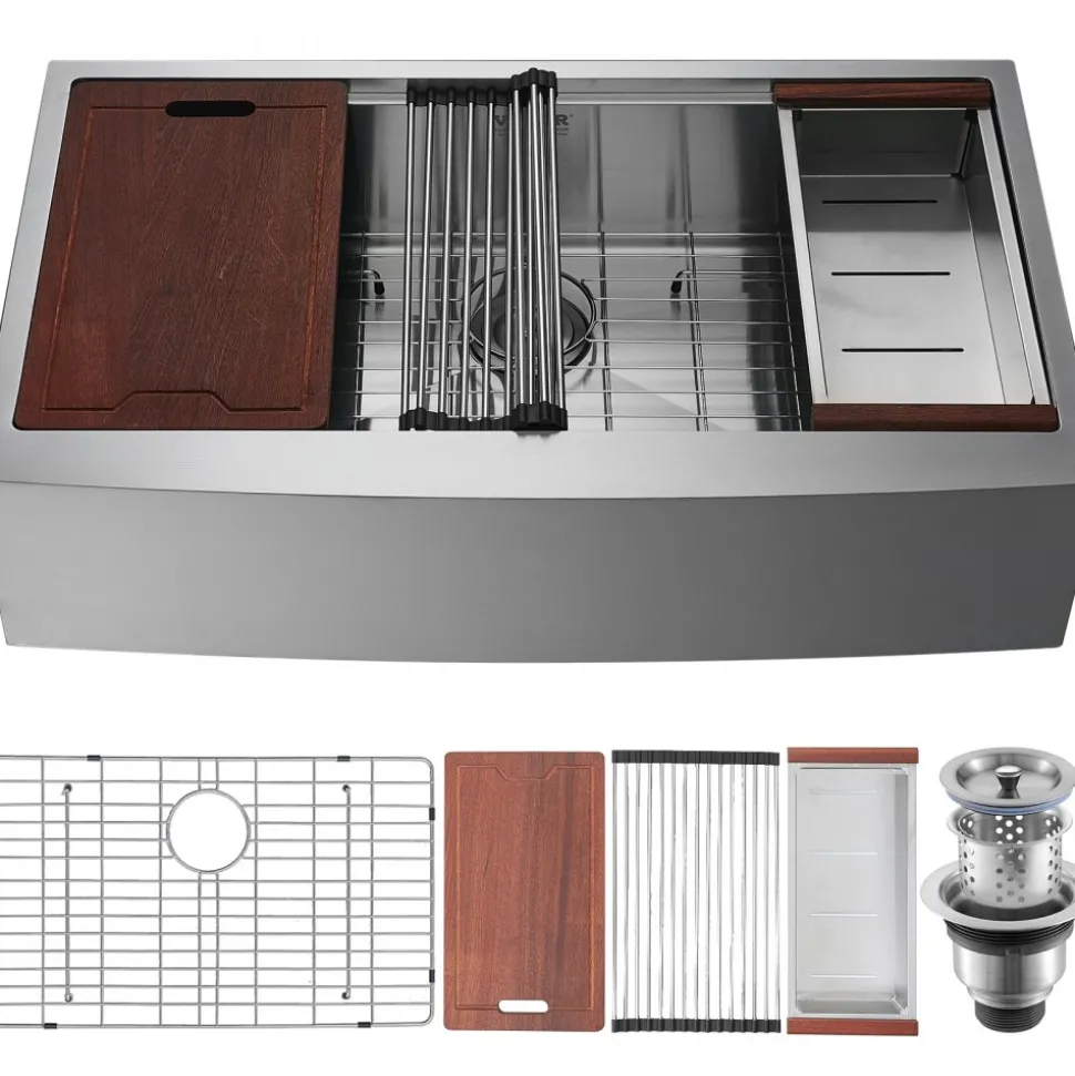 VEVOR Farmhouse Kitchen Sink, 304 Stainless Steel Drop-In Sinks, Top Mount Single Bowl Basin with Ledge & Accessories, Household Dishwasher Sinks for Workstation, Prep Kitchen, and Bar Sink, 36 inch