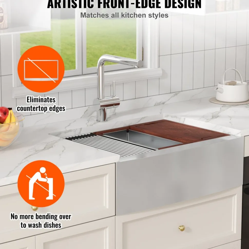VEVOR Farmhouse Kitchen Sink, 304 Stainless Steel Drop-In Sinks, Top Mount Single Bowl Basin with Ledge & Accessories, Household Dishwasher Sinks for Workstation, Prep Kitchen, and Bar Sink, 36 inch