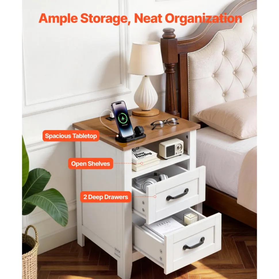VEVOR Farmhouse Nightstands, with Charging Station, Set of 2, End Tables with 2 Drawers and Open Shelf, Bedside Storage Cabinets, Rustic Side Tables with USB Port, for Bedroom, Living Room, White