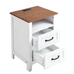 VEVOR Farmhouse Nightstands, with Charging Station, Set of 2, End Tables with 2 Drawers and Open Shelf, Bedside Storage Cabinets, Rustic Side Tables with USB Port, for Bedroom, Living Room, White