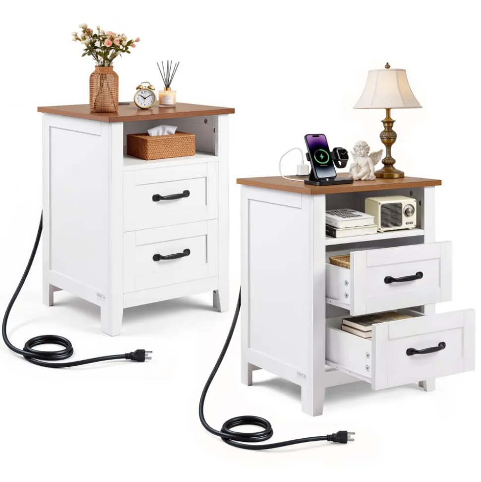 VEVOR Farmhouse Nightstands, with Charging Station, Set of 2, End Tables with 2 Drawers and Open Shelf, Bedside Storage Cabinets, Rustic Side Tables with USB Port, for Bedroom, Living Room, White