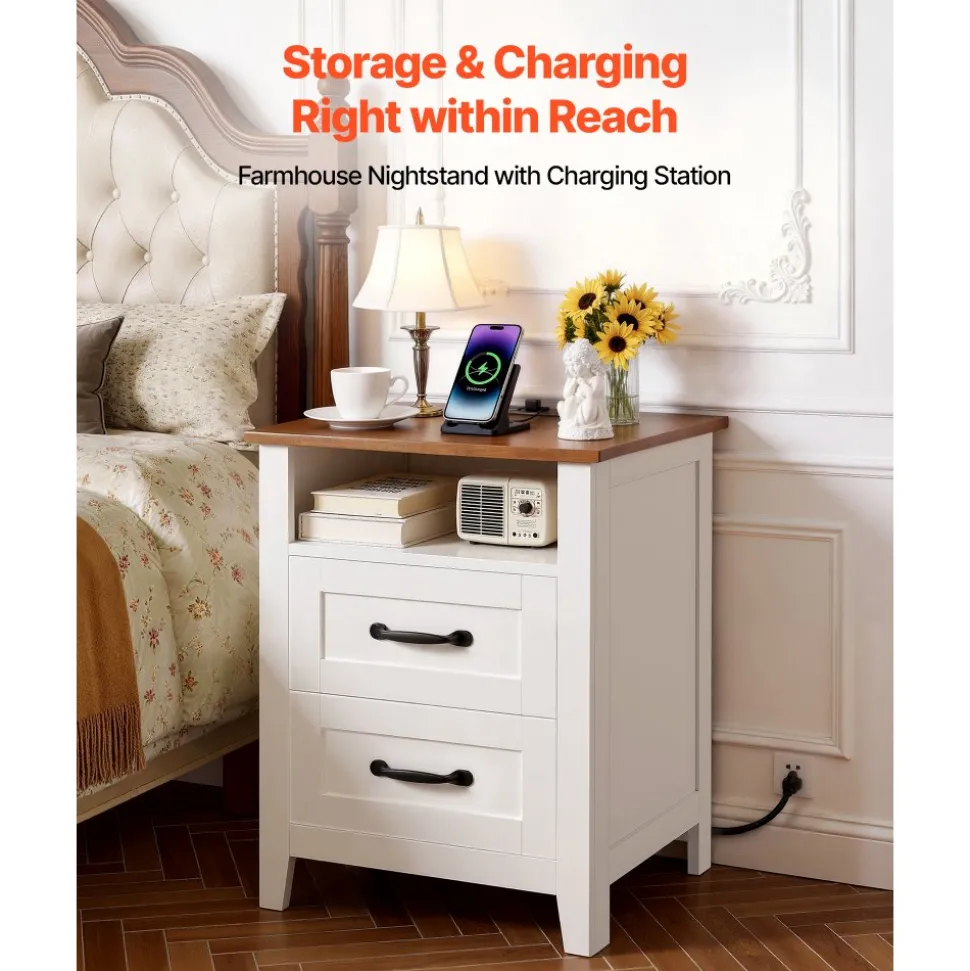 VEVOR Farmhouse Nightstands, with Charging Station, Set of 2, End Tables with 2 Drawers and Open Shelf, Bedside Storage Cabinets, Rustic Side Tables with USB Port, for Bedroom, Living Room, White