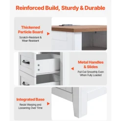VEVOR Farmhouse Nightstands, with Charging Station, Set of 2, End Tables with 2 Drawers and Open Shelf, Bedside Storage Cabinets, Rustic Side Tables with USB Port, for Bedroom, Living Room, White