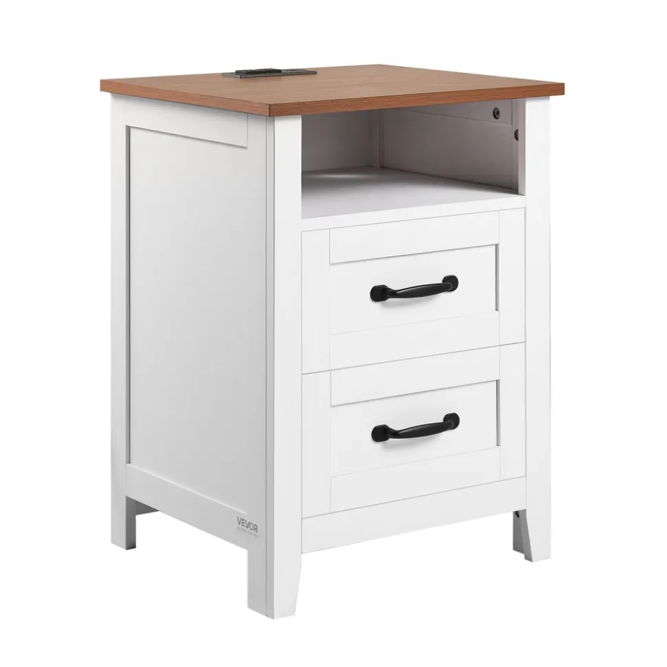 VEVOR Farmhouse Nightstands, with Charging Station, Set of 2, End Tables with 2 Drawers and Open Shelf, Bedside Storage Cabinets, Rustic Side Tables with USB Port, for Bedroom, Living Room, White