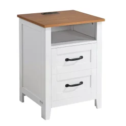 VEVOR Farmhouse Nightstands, with Charging Station, Set of 2, End Tables with 2 Drawers and Open Shelf, Bedside Storage Cabinets, Rustic Side Tables with USB Port, for Bedroom, Living Room, White