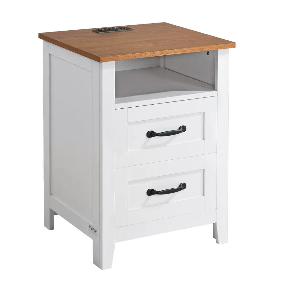 VEVOR Farmhouse Nightstands, with Charging Station, Set of 2, End Tables with 2 Drawers and Open Shelf, Bedside Storage Cabinets, Rustic Side Tables with USB Port, for Bedroom, Living Room, White