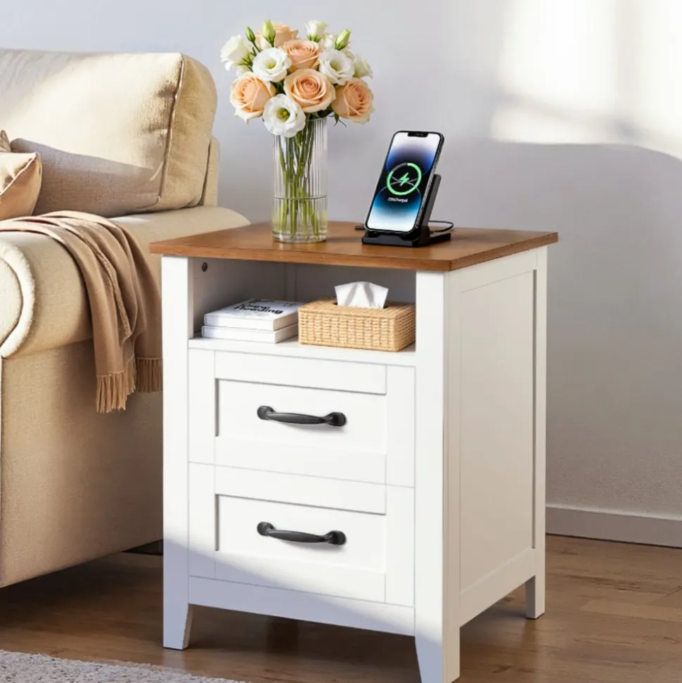 VEVOR Farmhouse Nightstands, with Charging Station, Set of 2, End Tables with 2 Drawers and Open Shelf, Bedside Storage Cabinets, Rustic Side Tables with USB Port, for Bedroom, Living Room, White
