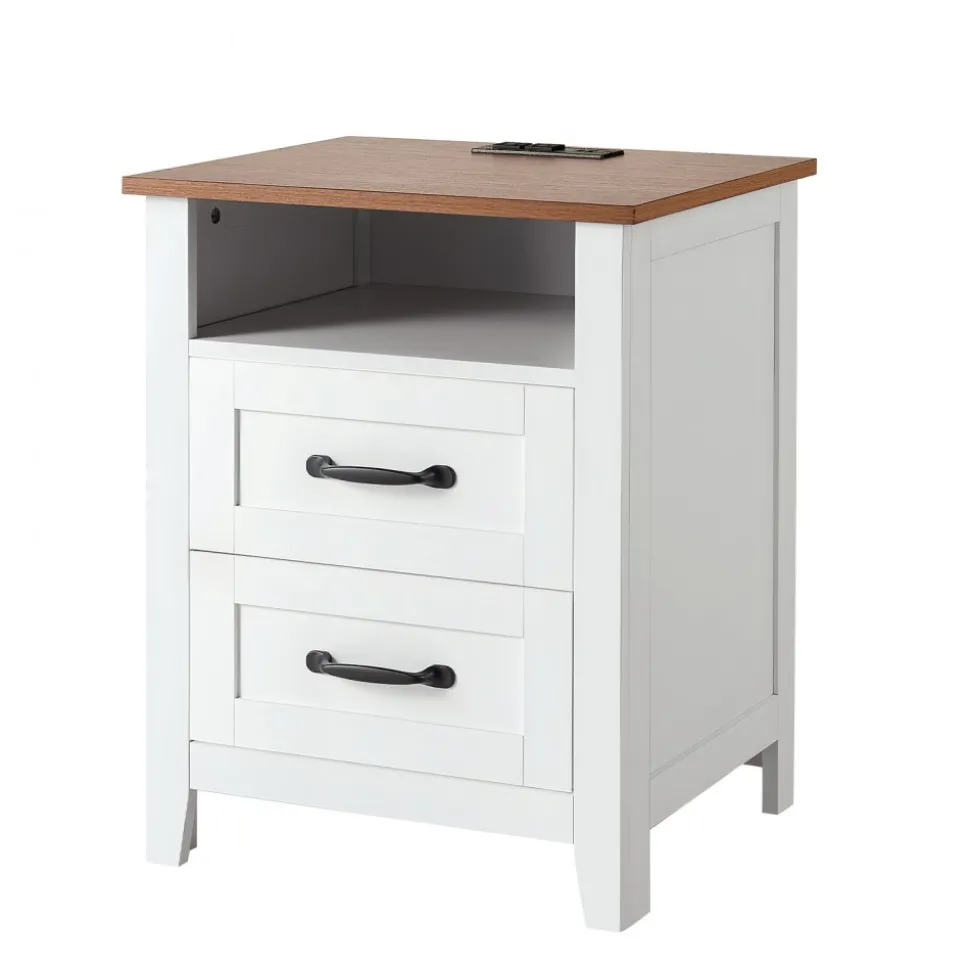 VEVOR Farmhouse Nightstands, with Charging Station, Set of 2, End Tables with 2 Drawers and Open Shelf, Bedside Storage Cabinets, Rustic Side Tables with USB Port, for Bedroom, Living Room, White