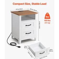 VEVOR Farmhouse Nightstands, with Charging Station, Set of 2, End Tables with 2 Drawers and Open Shelf, Bedside Storage Cabinets, Rustic Side Tables with USB Port, for Bedroom, Living Room, White