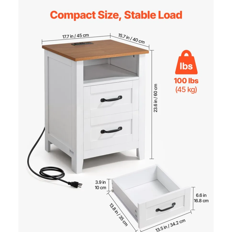VEVOR Farmhouse Nightstands, with Charging Station, Set of 2, End Tables with 2 Drawers and Open Shelf, Bedside Storage Cabinets, Rustic Side Tables with USB Port, for Bedroom, Living Room, White