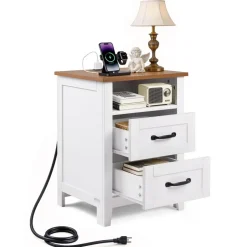 VEVOR Farmhouse Nightstand, with Charging Station, End Table with 2 Drawers and Open Shelf, Bedside Storage Cabinet, Rustic Side Table with USB Port and AC Outlets, for Bedroom, Living Room, White