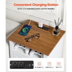 VEVOR Farmhouse Nightstand, with Charging Station, End Table with 2 Drawers and Open Shelf, Bedside Storage Cabinet, Rustic Side Table with USB Port and AC Outlets, for Bedroom, Living Room, White